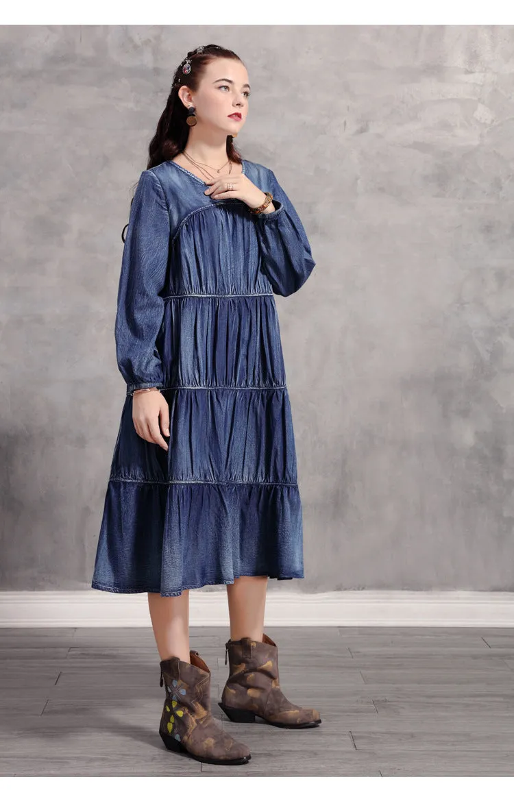 Pleated V-Neck Lantern Sleeve Midi Denim Dress