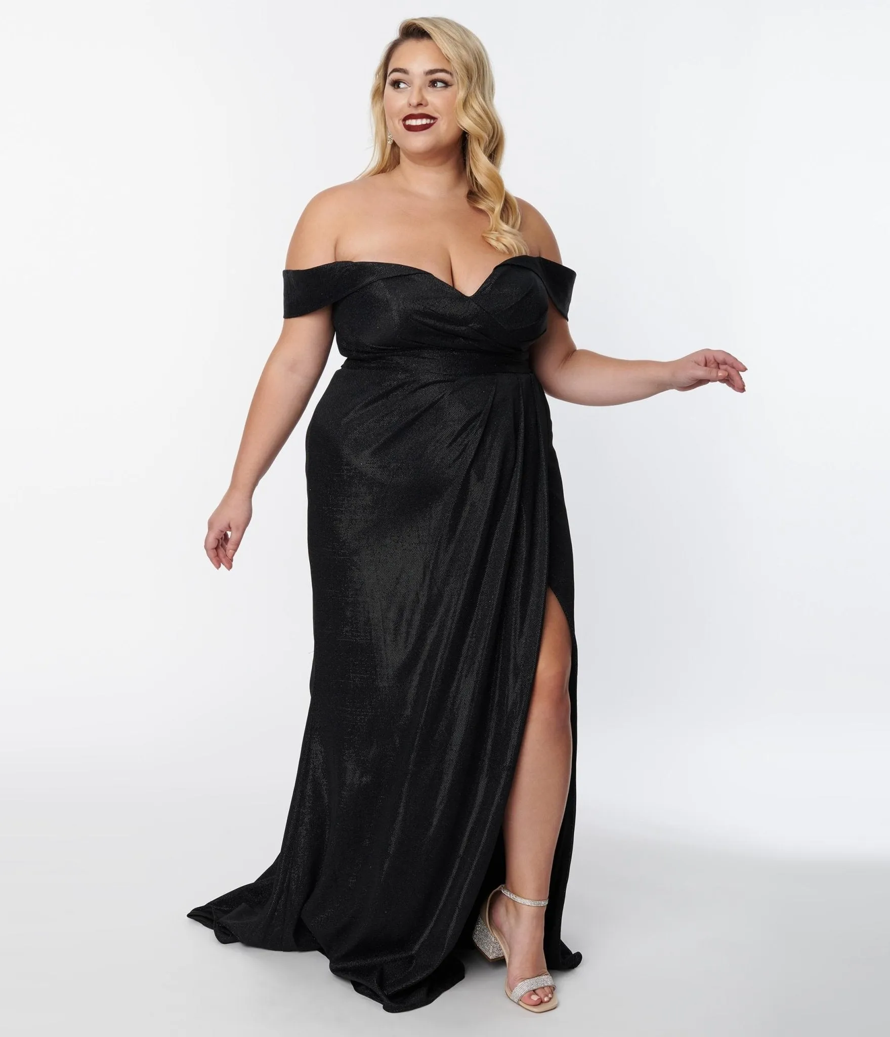 Plus Size Elegant Black Shimmer Off The Shoulder Dress