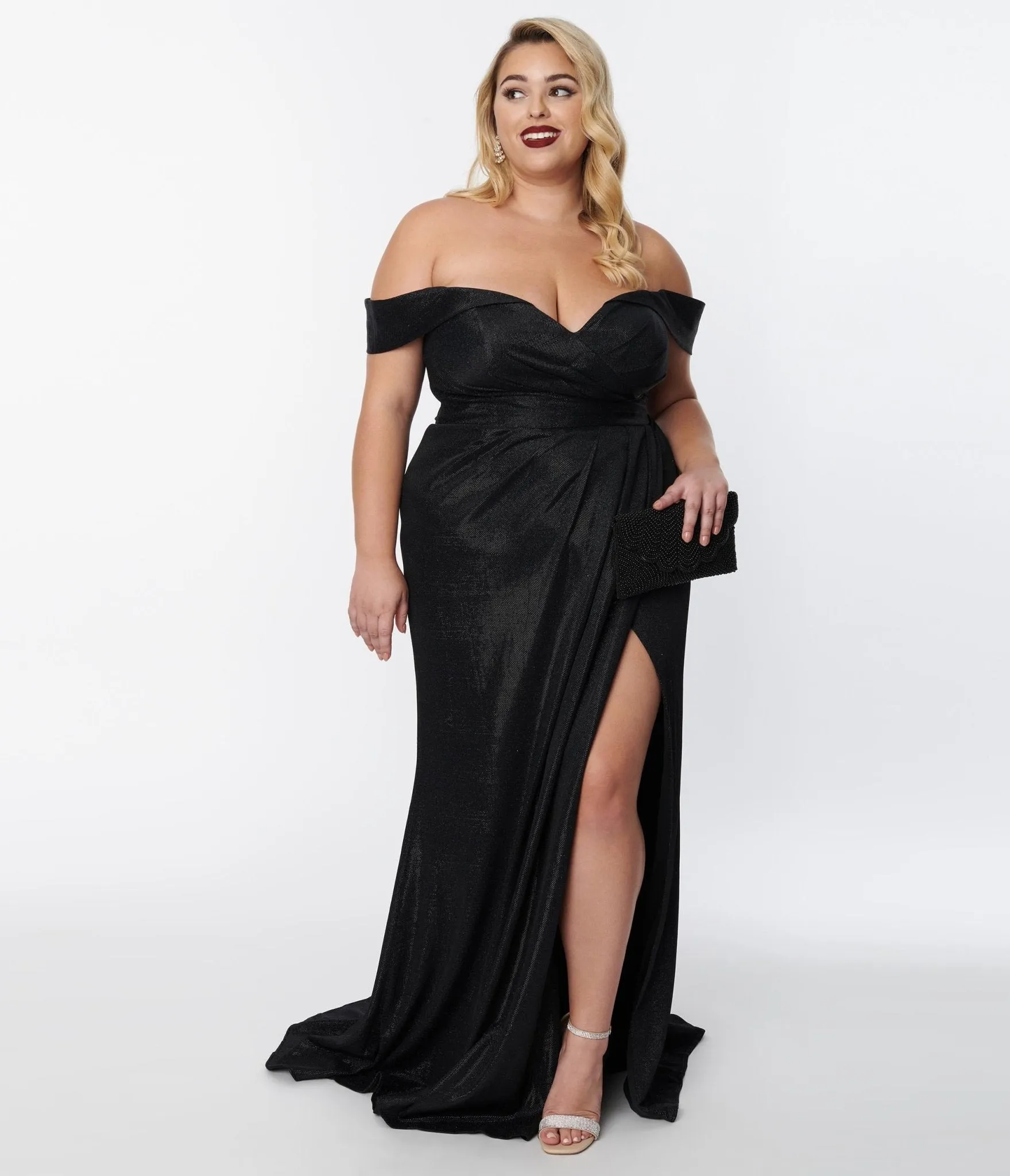 Plus Size Elegant Black Shimmer Off The Shoulder Dress