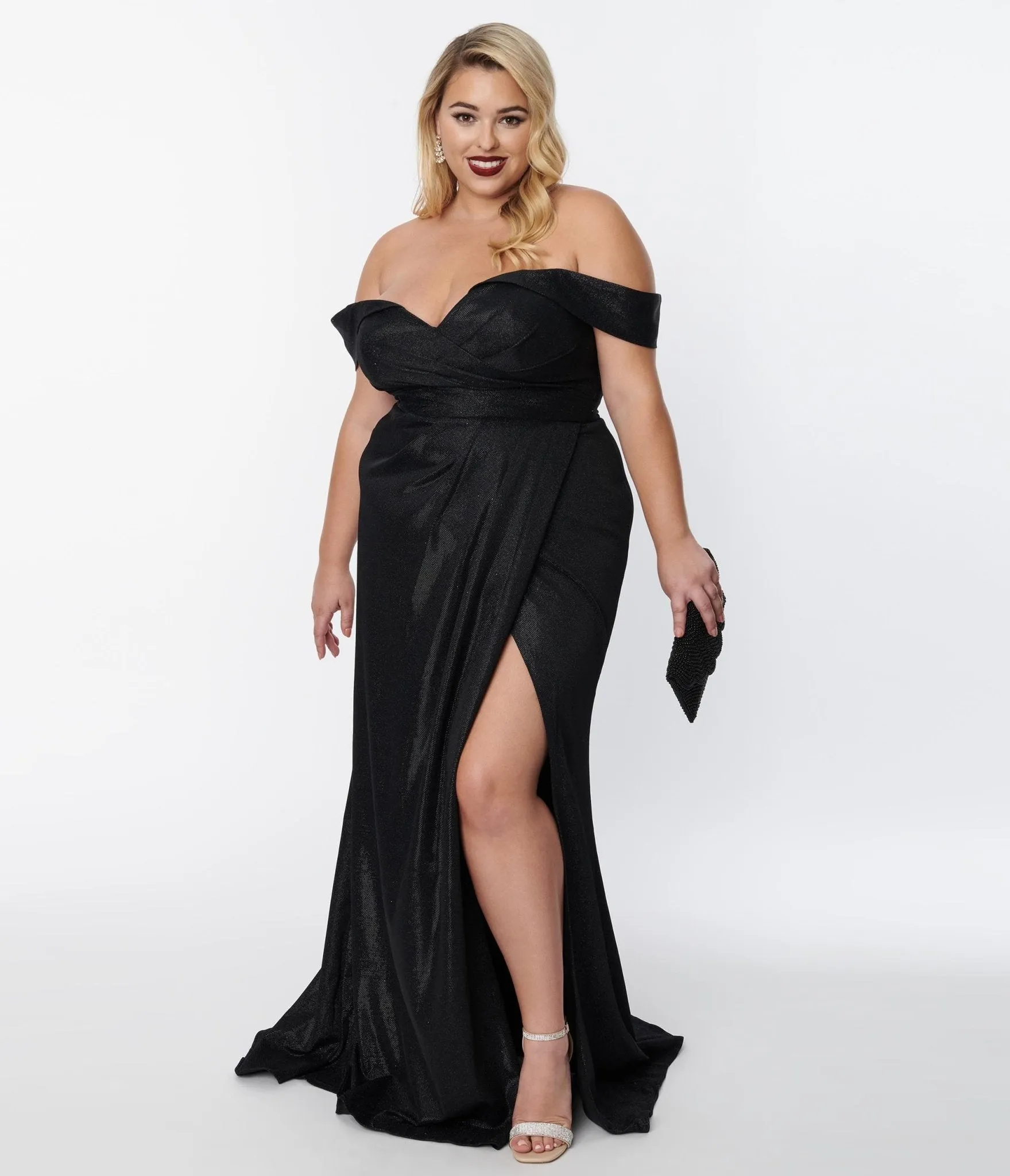 Plus Size Elegant Black Shimmer Off The Shoulder Dress