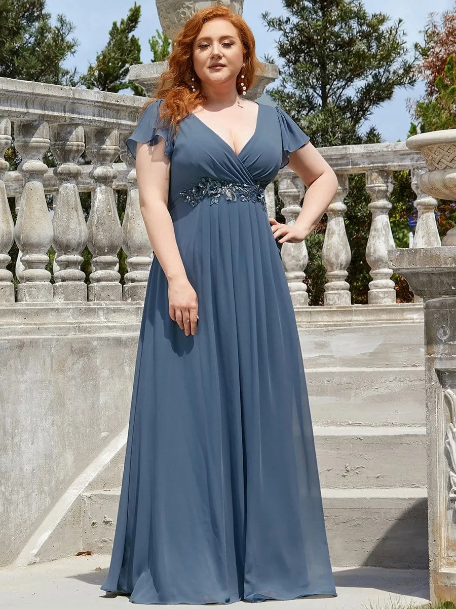 Plus Size Plunging V-Neck Sequin A-Line Evening Dress