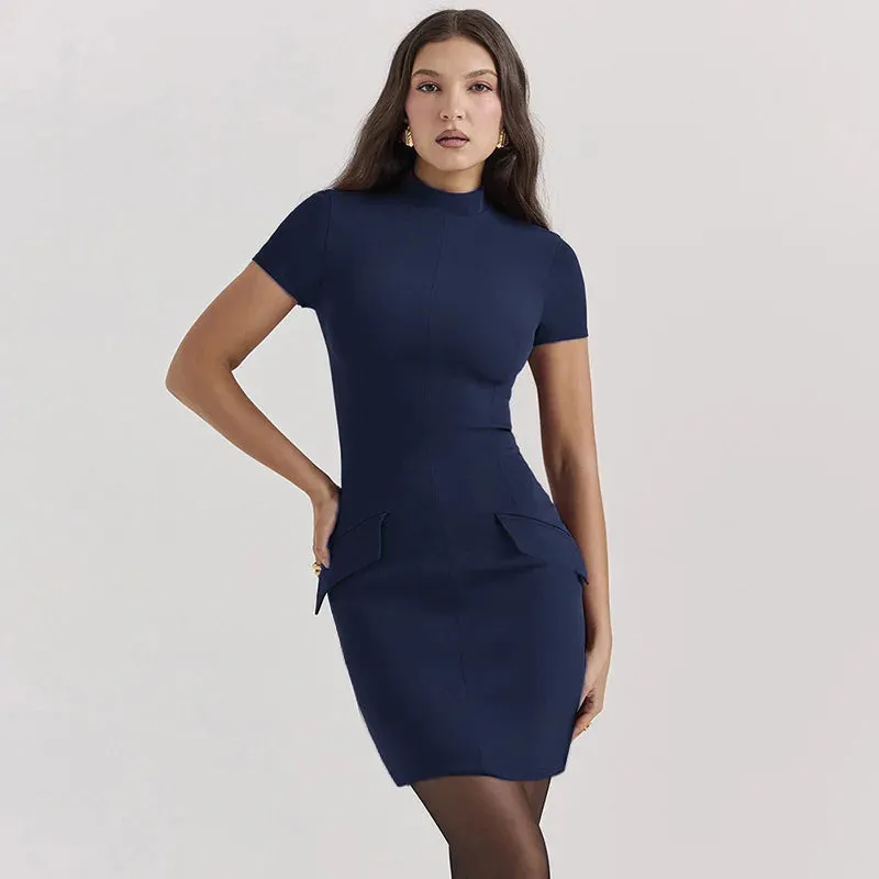 Pockets TurtleNeck Bodycon Spring Summer Short Sleeve Sexy Party Mini Dress