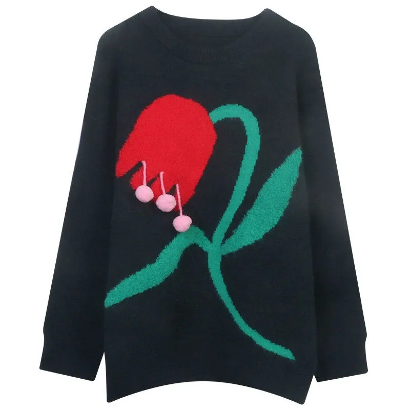 Pre Order:  Retro Tulip Jacquard Loose Sweater