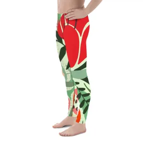 Red Floral Designer Men's Leggings, Flower Printed Designer Meggings Compression Tights-Made in USA/EU/MX