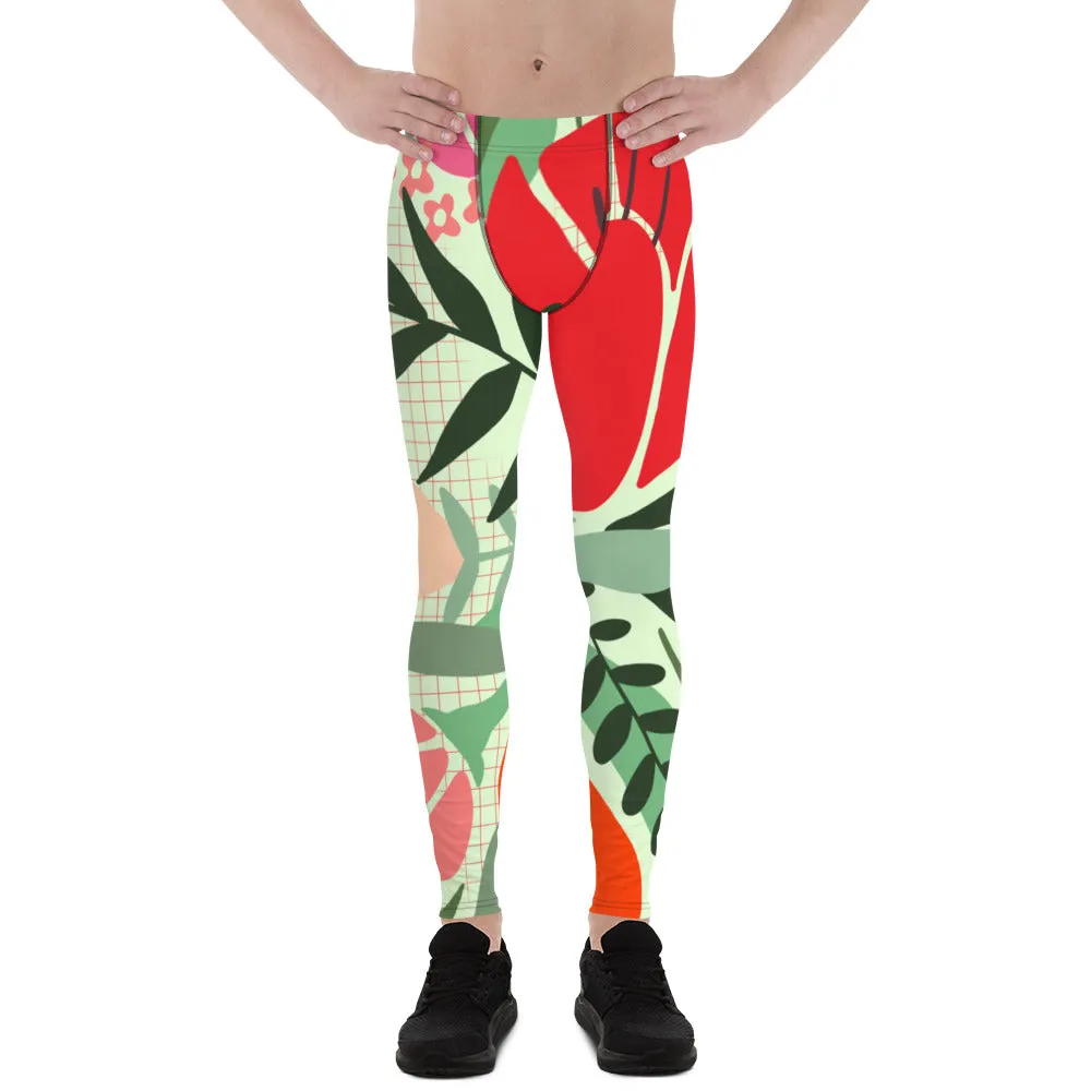 Red Floral Designer Men's Leggings, Flower Printed Designer Meggings Compression Tights-Made in USA/EU/MX