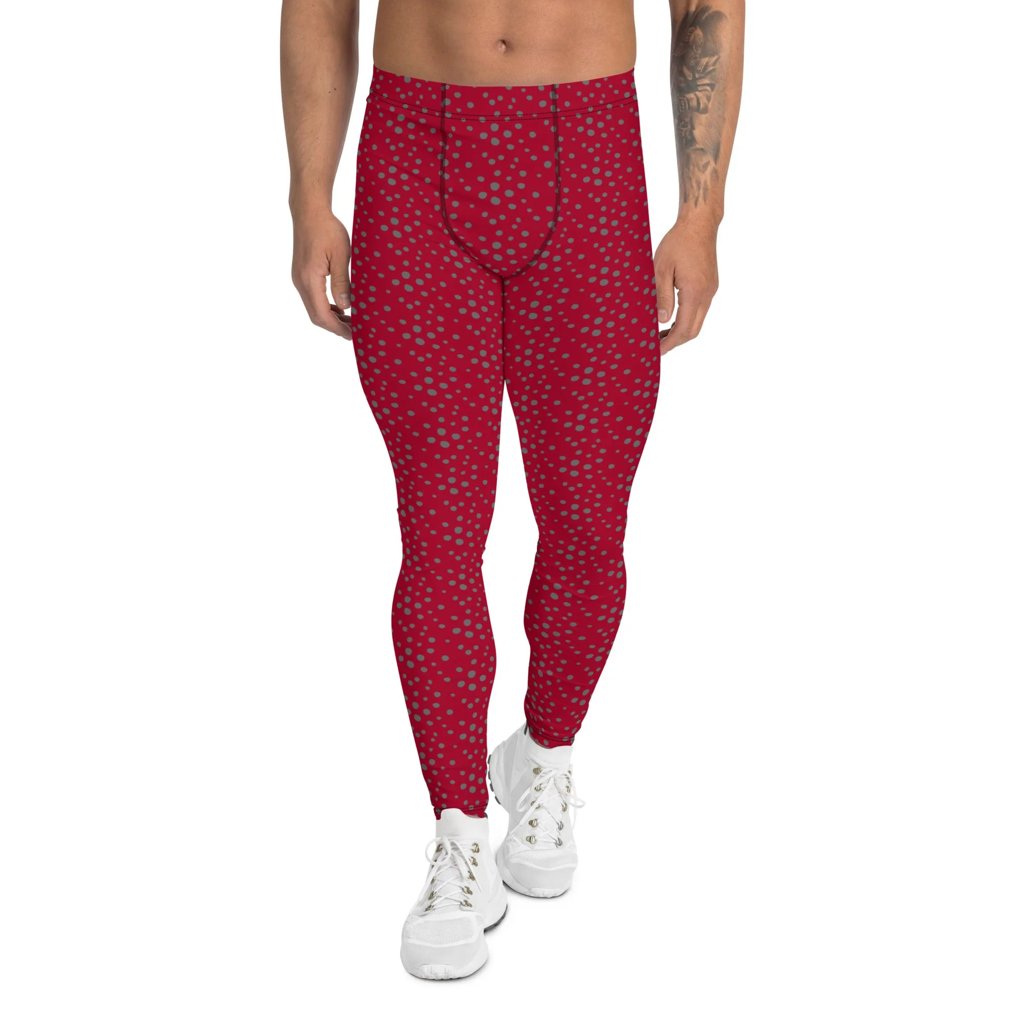 Red Grey Dotted Men's Leggings, Dots Pattern Designer Running Compression Tights For Men - Made in USA/EU/MX