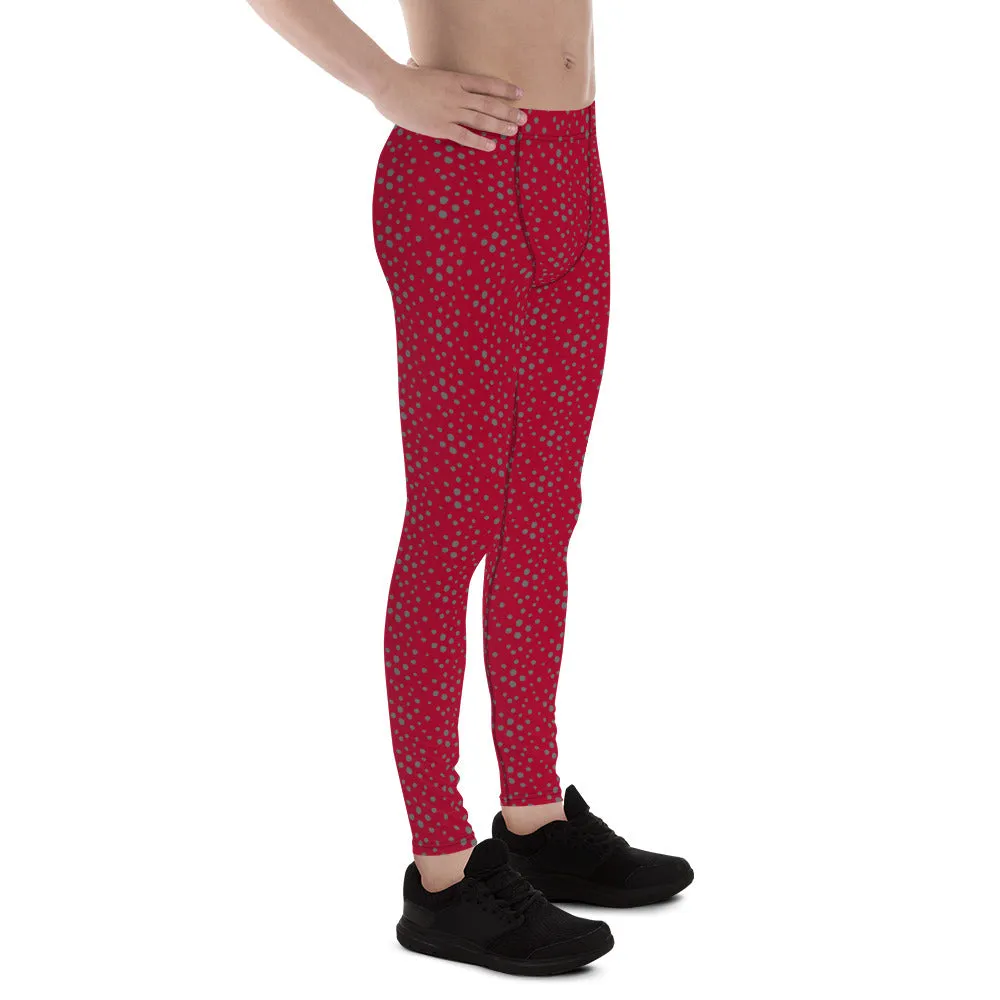 Red Grey Dotted Men's Leggings, Dots Pattern Designer Running Compression Tights For Men - Made in USA/EU/MX