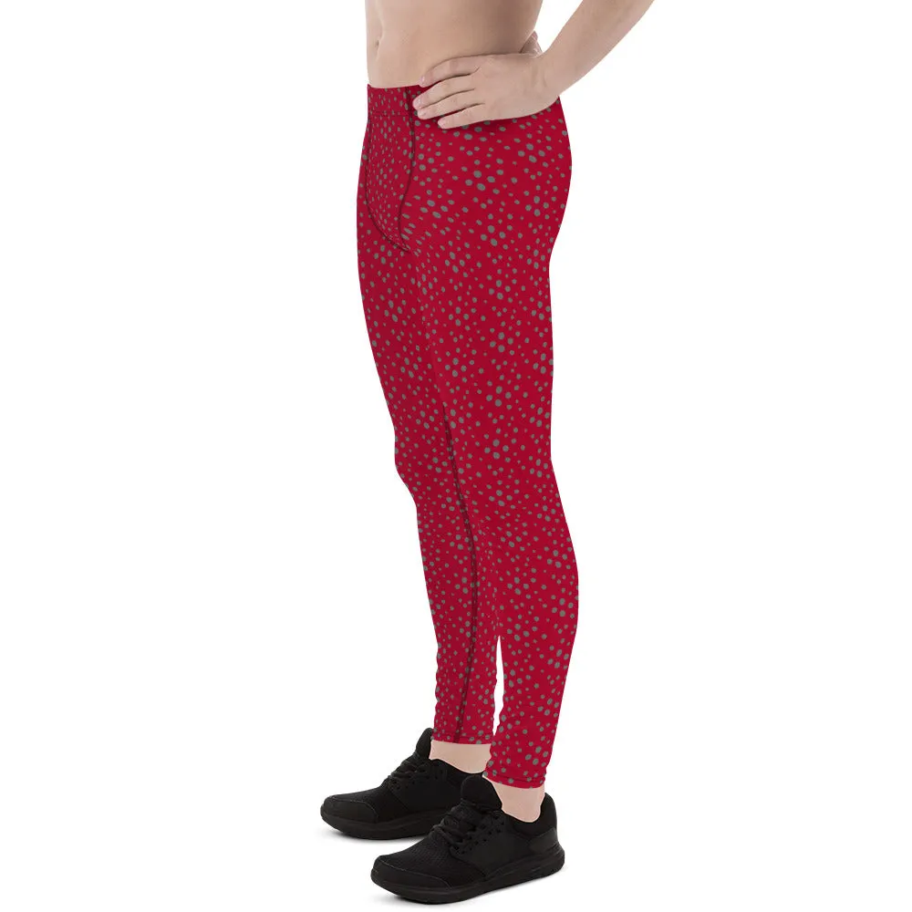 Red Grey Dotted Men's Leggings, Dots Pattern Designer Running Compression Tights For Men - Made in USA/EU/MX