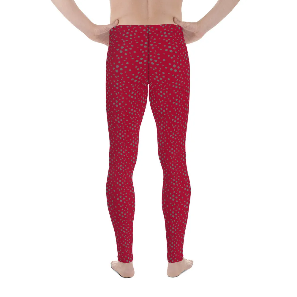 Red Grey Dotted Men's Leggings, Dots Pattern Designer Running Compression Tights For Men - Made in USA/EU/MX