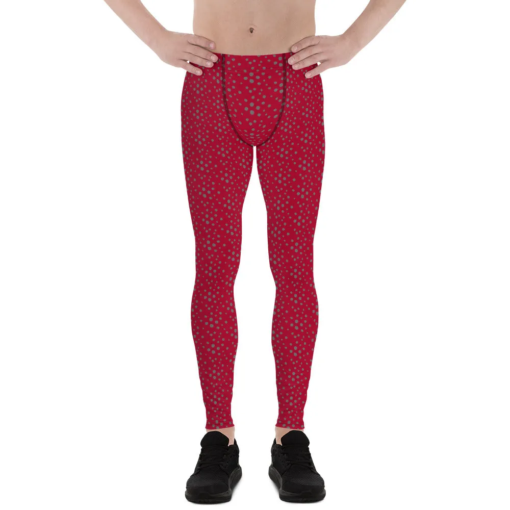 Red Grey Dotted Men's Leggings, Dots Pattern Designer Running Compression Tights For Men - Made in USA/EU/MX