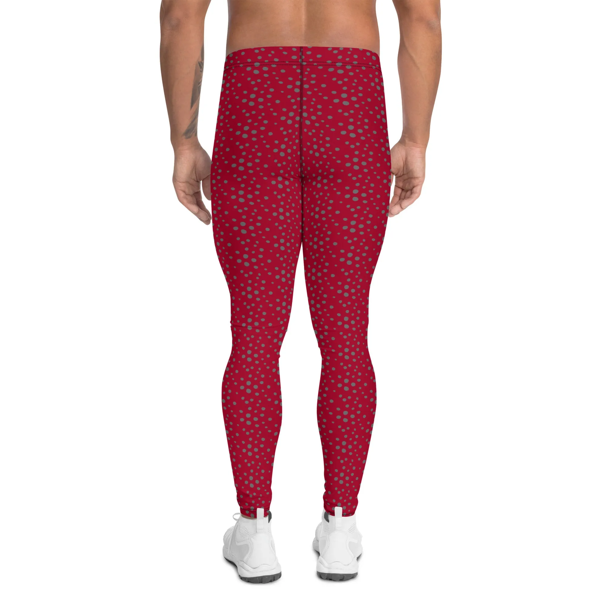 Red Grey Dotted Men's Leggings, Dots Pattern Designer Running Compression Tights For Men - Made in USA/EU/MX