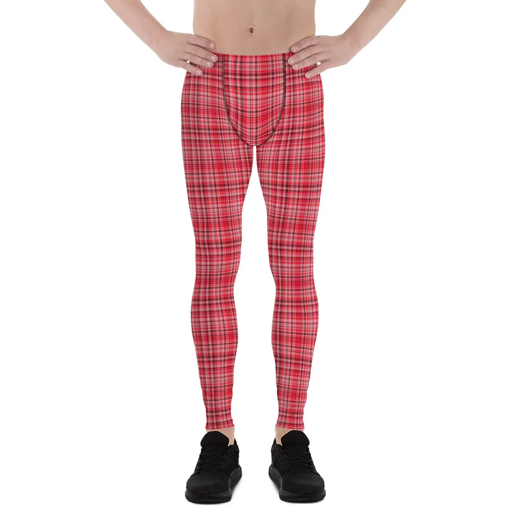 Red Plaid Men's Leggings, Tartan Print Preppy Men Compression Tights-Made in USA/EU