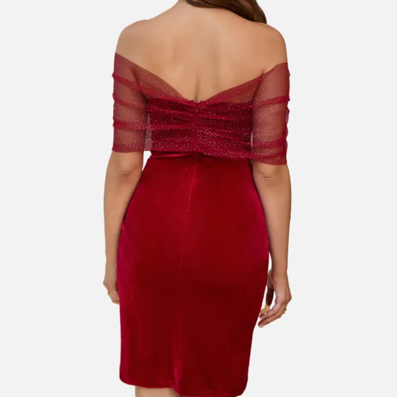 Red Velvet Dress | Off The Shoulder with Mesh