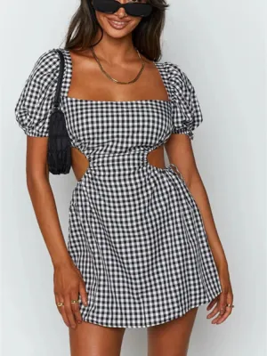 Retro Backless Tie Up Casual Puff Square Neck A-Line Dress