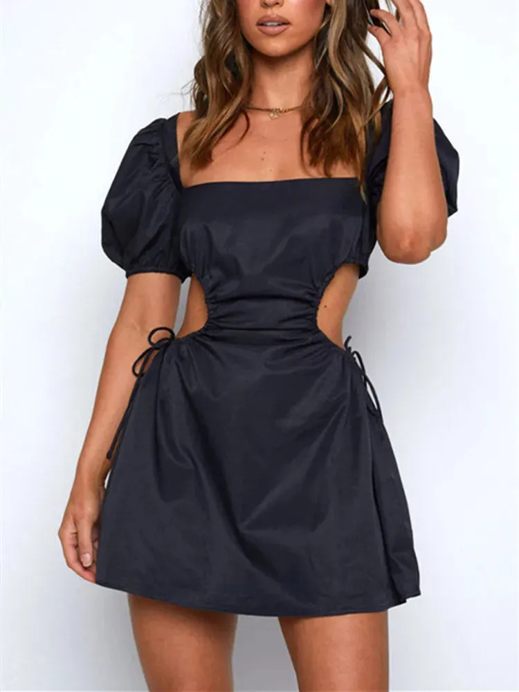 Retro Backless Tie Up Casual Puff Square Neck A-Line Dress