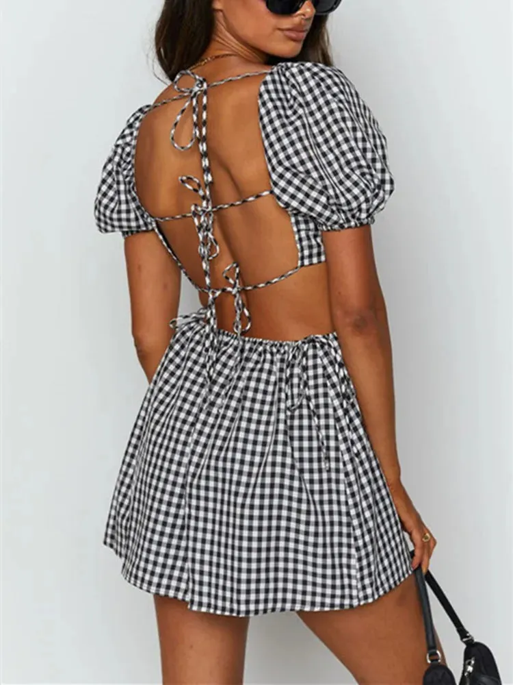 Retro Backless Tie Up Casual Puff Square Neck A-Line Dress