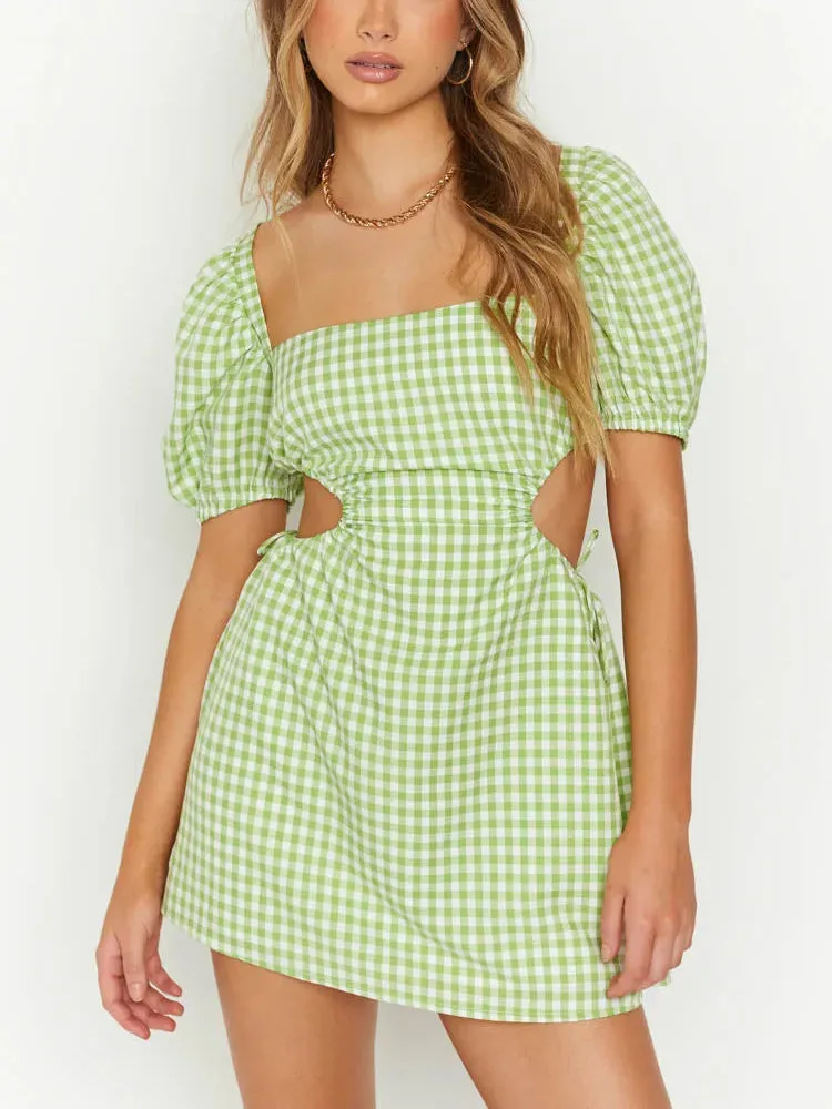 Retro Backless Tie Up Casual Puff Square Neck A-Line Dress