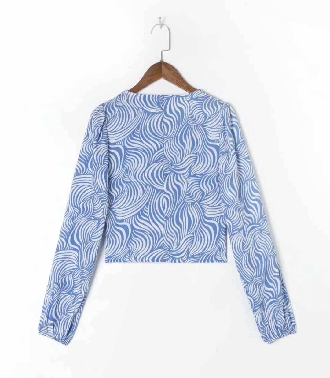 Retro Blue Zebra Striped V Slim Cropped Tops Blouse