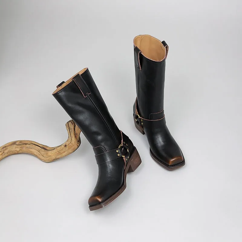 Retro Cowboy Boots Women Handmade Genuine Leather Black/Brown - HIGH WESTERN BOOTS Side Zipper