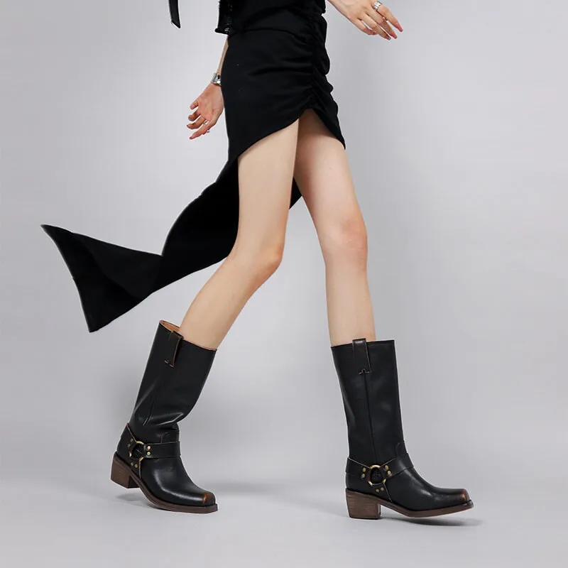 Retro Cowboy Boots Women Handmade Genuine Leather Black/Brown - HIGH WESTERN BOOTS Side Zipper