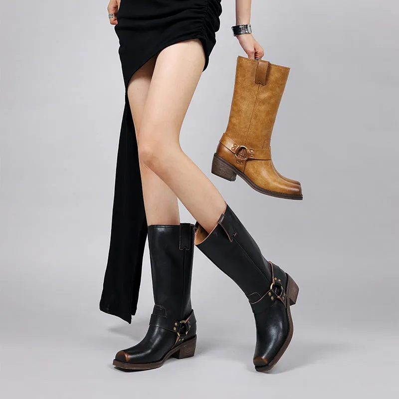 Retro Cowboy Boots Women Handmade Genuine Leather Black/Brown - HIGH WESTERN BOOTS Side Zipper