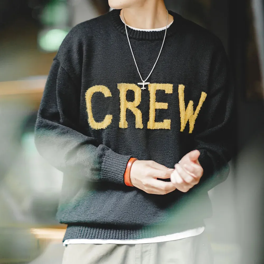 Retro Crew Letter Jacquard Sweater Round Neck Inner Layover Wool Pullover