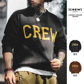 Retro Crew Letter Jacquard Sweater Round Neck Inner Layover Wool Pullover