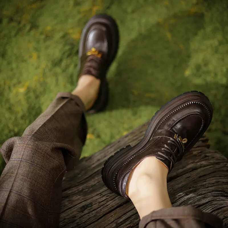 Retro Genuine Leather 45mm Platform Brogue Oxford Shoes Round Toe in Coffee/Black