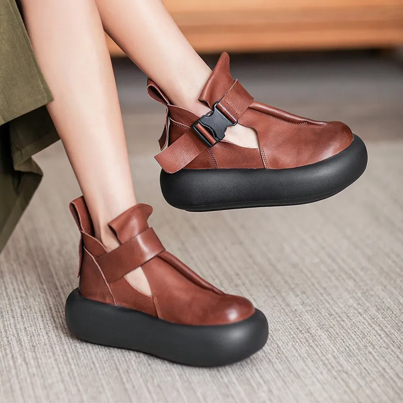 Retro Handmade Leather Platform Shoes Women Fashion Sandals In Black/Coffee