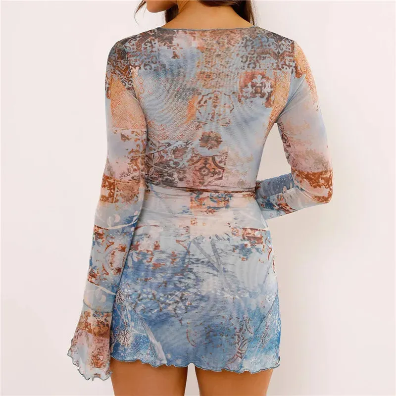 Retro Print V-Neck Flare Long Sleeve Slim Mini Dress for Party Club