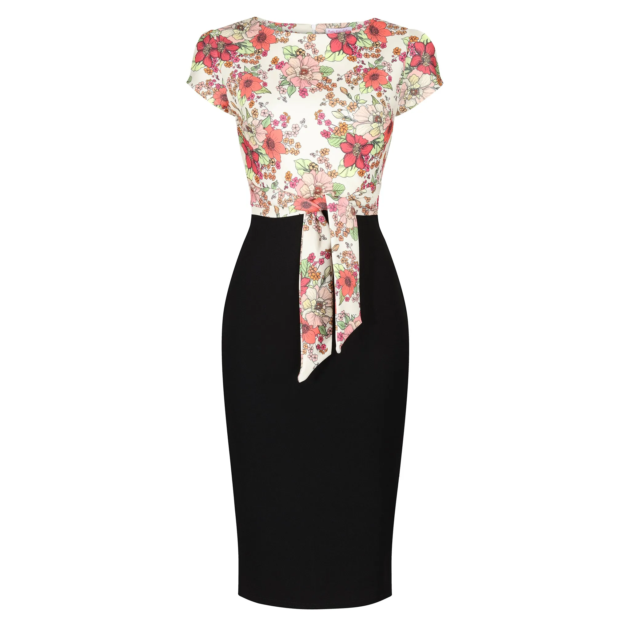 Retro Red Cream White Floral Print Tie Front Bodycon Midi Dress