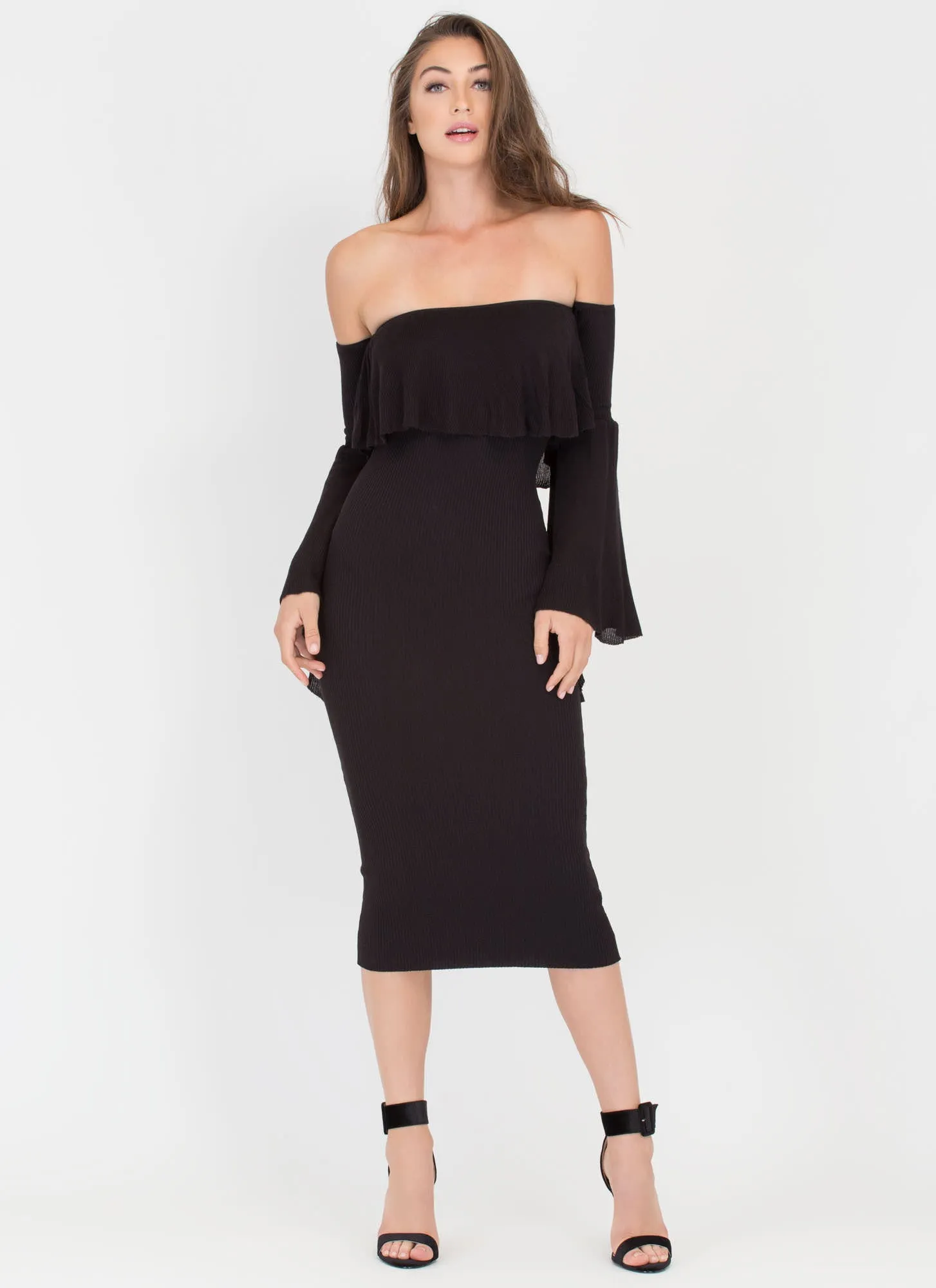 Retro Romance Ribbed Off-Shoulder Dress