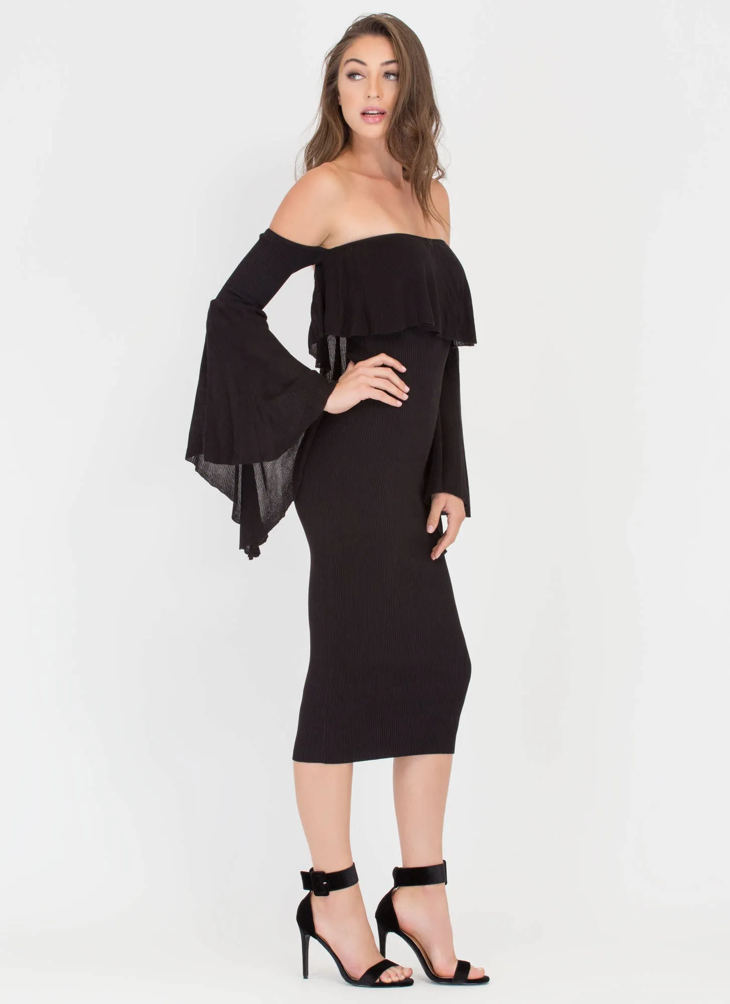 Retro Romance Ribbed Off-Shoulder Dress