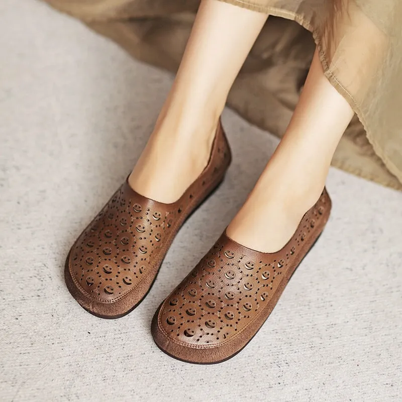 Retro Soft Leather Flat Slip on Loafers for Women Perforated Handmade in Beige/Brown