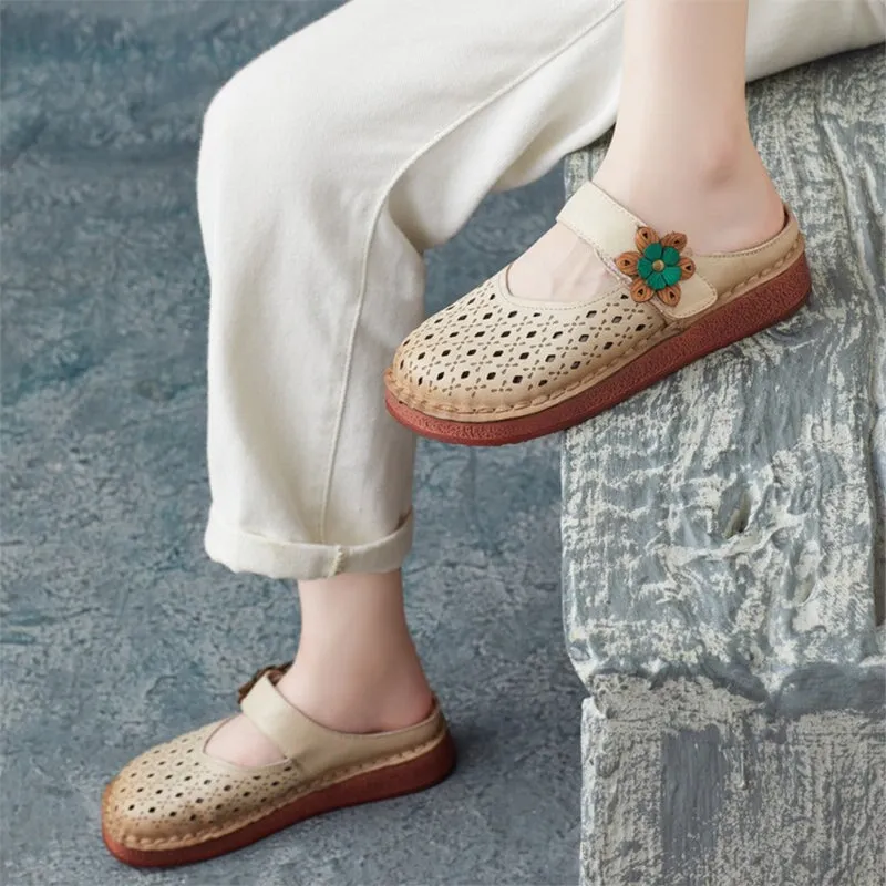 Retro Style Leather Mule Slippers Women Handmade Flats Casual Slip On Shoes in Apricot/Brown