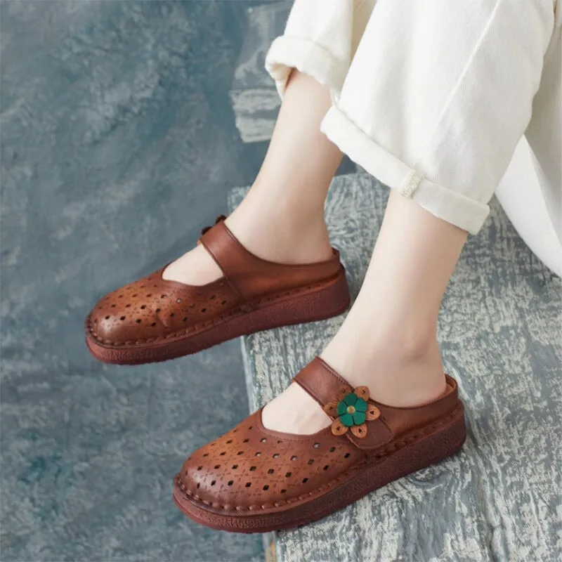 Retro Style Leather Mule Slippers Women Handmade Flats Casual Slip On Shoes in Apricot/Brown