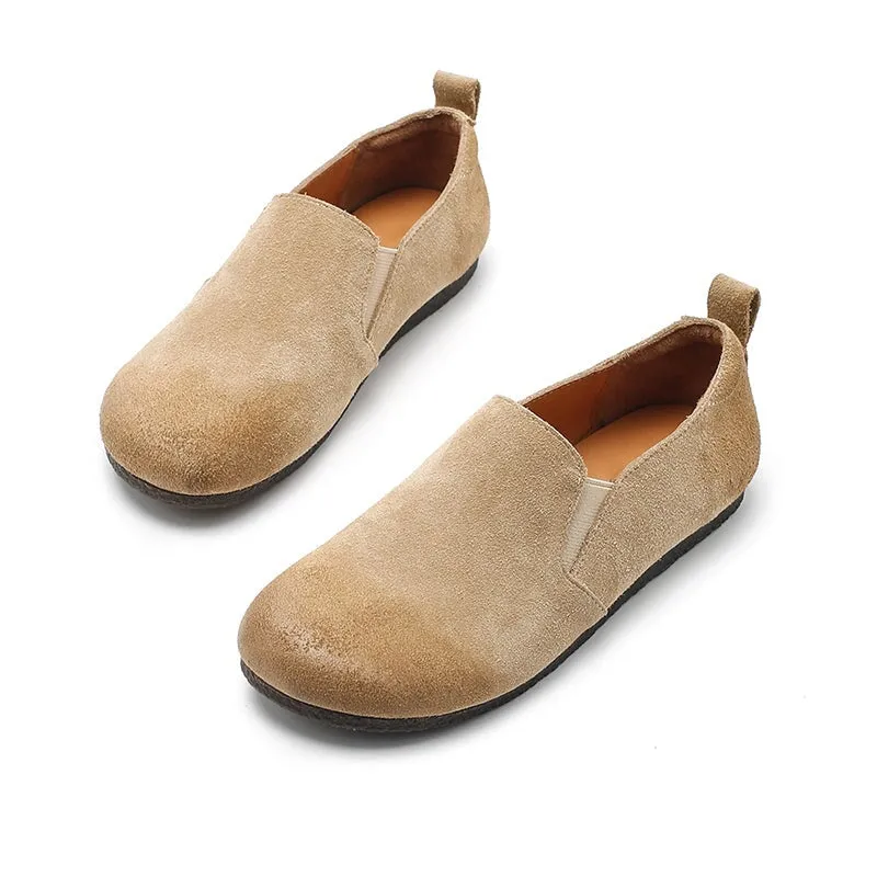 Retro Suede Leather Loafers for Women Lazy Feeling in Green/Khaki/Coffee/Brown/Apricot