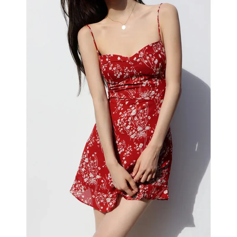 Retro V-neck Suspender Slim Casual Summer Holiday Floral New Frilly Style Dress Dress