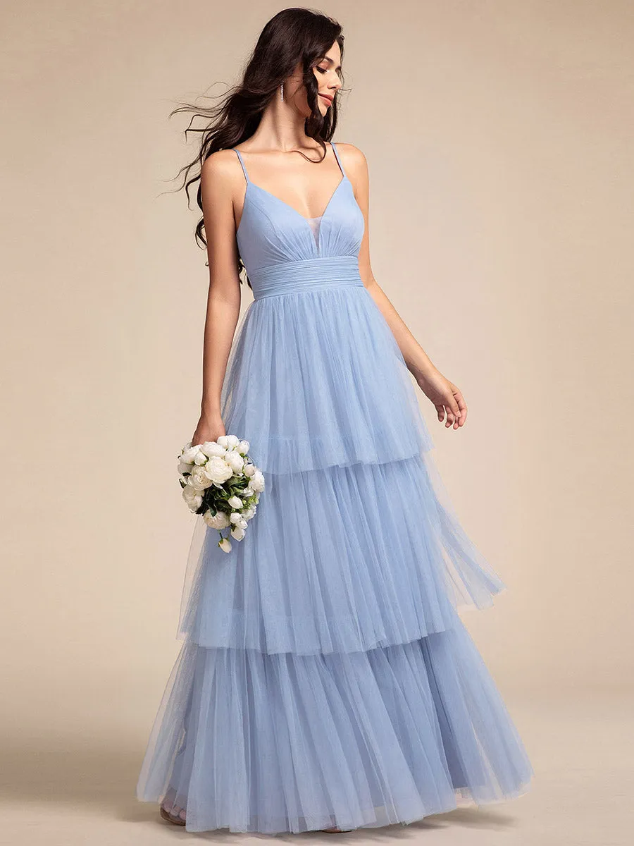 Romantic V Neck See-Through Cake pleated Bridesmaid Tulle Dresses