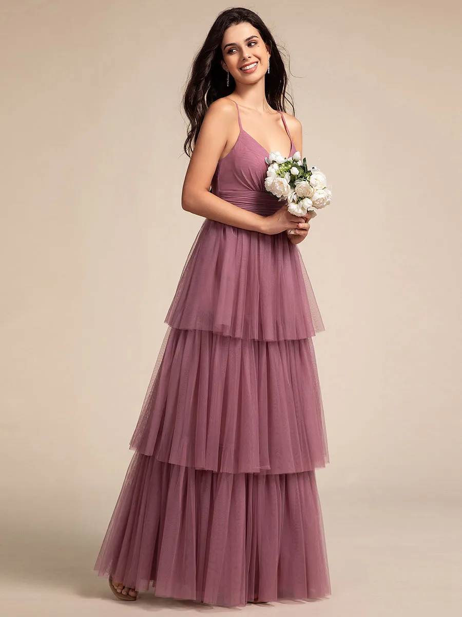 Romantic V Neck See-Through Cake pleated Bridesmaid Tulle Dresses