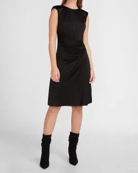 Satin Cap Sleeve Ruched Side Dress in Pitch Black