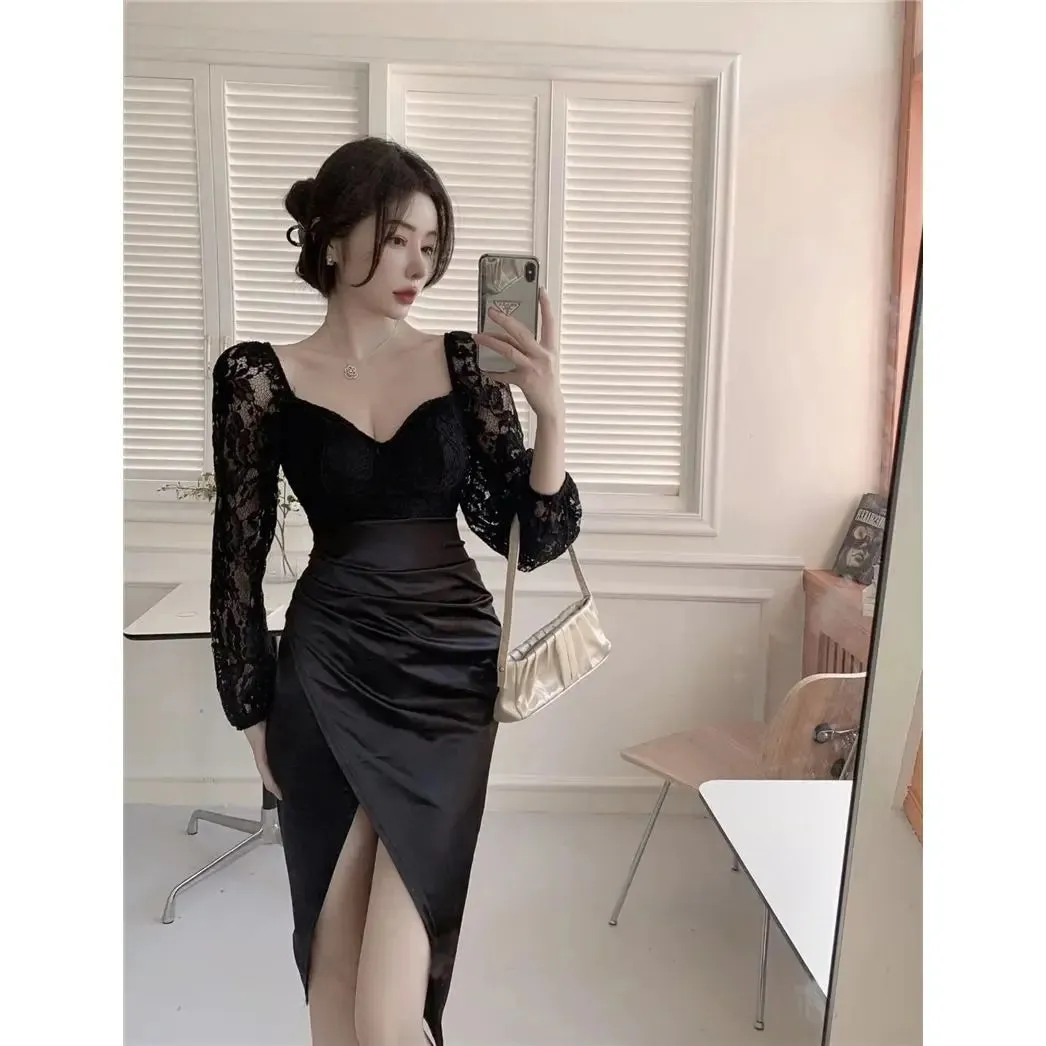 Sexy Black Lace Dresses Elegant Formal Prom Evening Party Vintage Retro Bodycon Long Sleeve Split Dress