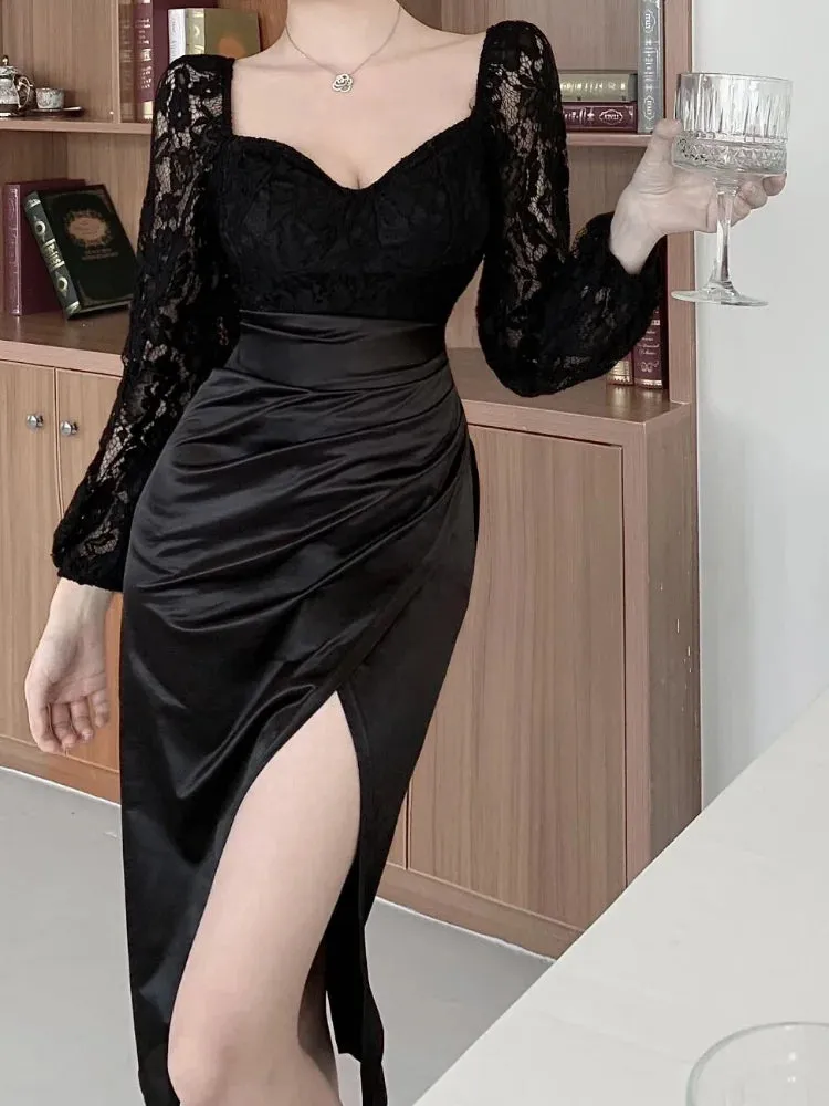 Sexy Black Lace Dresses Elegant Formal Prom Evening Party Vintage Retro Bodycon Long Sleeve Split Dress