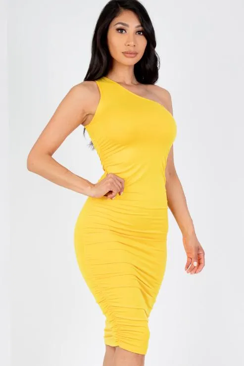 Sexy Solid Color Ruched One Shoulder Midi Bodycon Dress