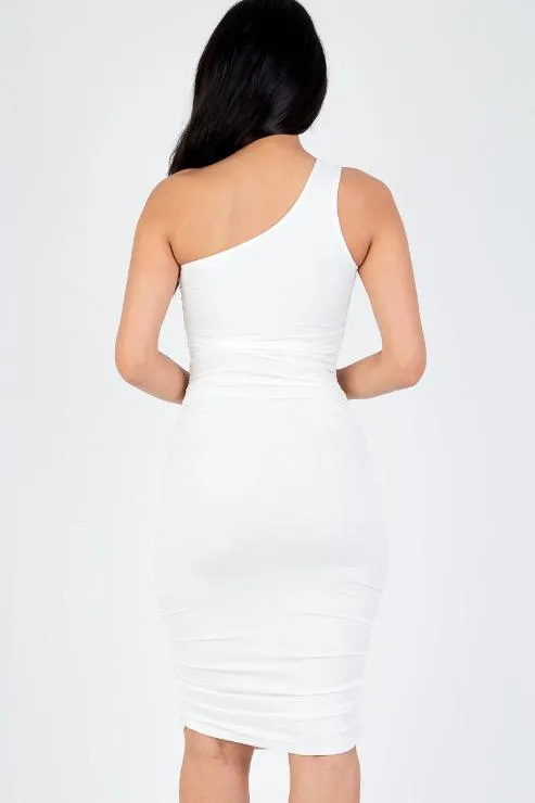 Sexy Solid Color Ruched One Shoulder Midi Bodycon Dress