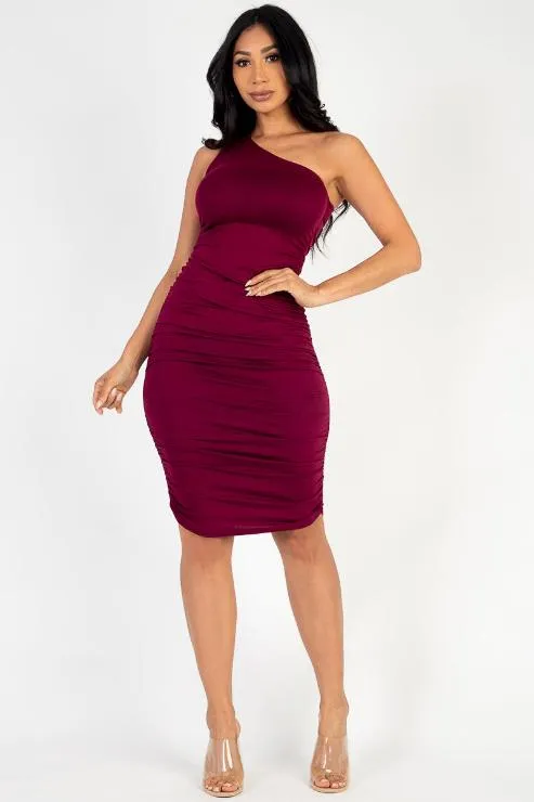 Sexy Solid Color Ruched One Shoulder Midi Bodycon Dress