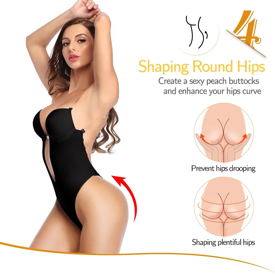 Shapewear Bodysuit Women Deep V-Neck Body Shaper Padded Bra Backless U Plunge Thong Shaper Waist Trainer Push Up Party Underwear