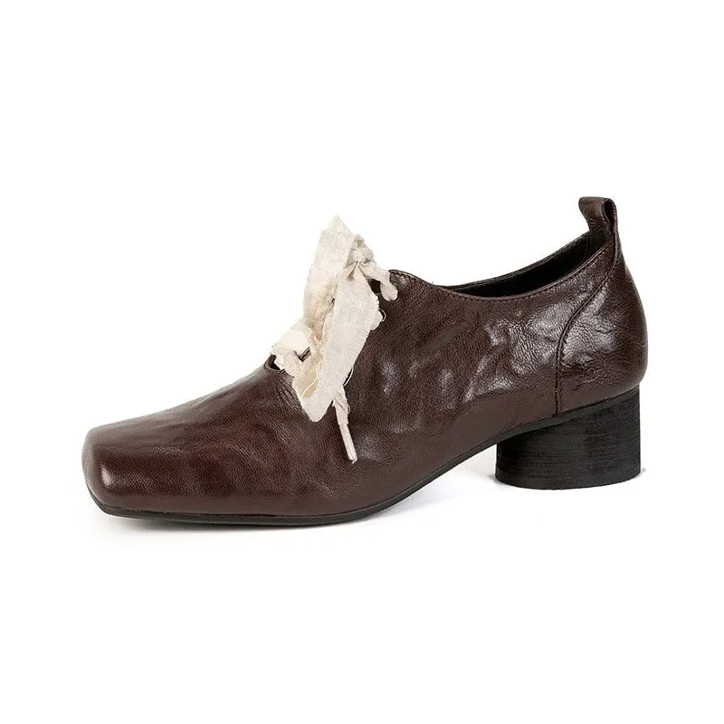 Sheepskin Mary Jane Ballet Flats with Lace up Square Toe in Black/Silver/Brown