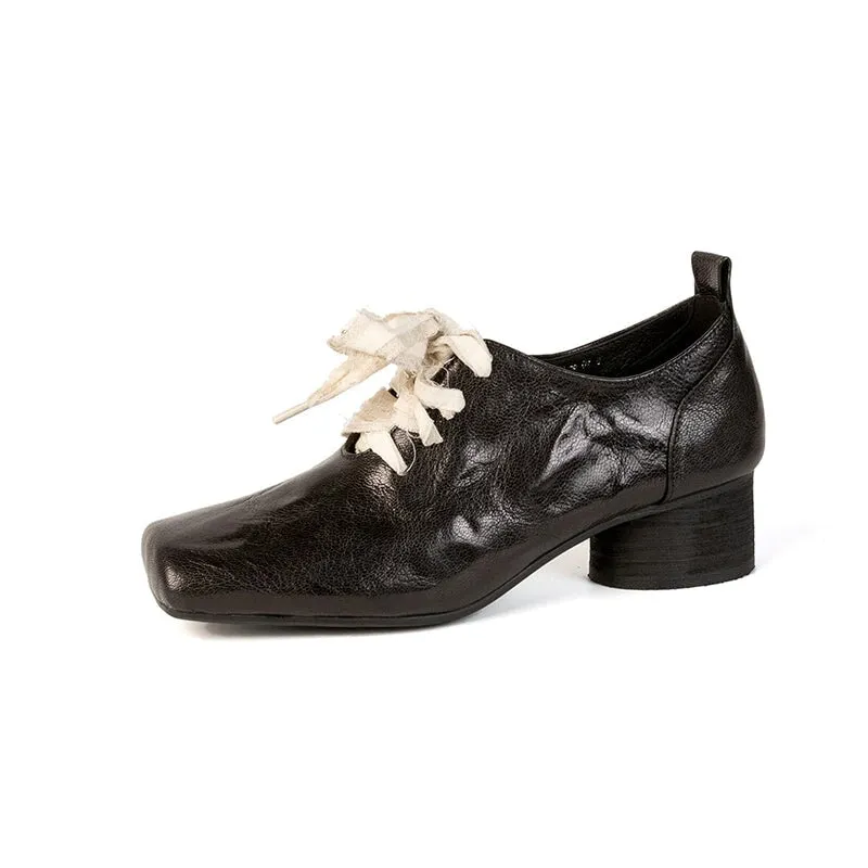 Sheepskin Mary Jane Ballet Flats with Lace up Square Toe in Black/Silver/Brown