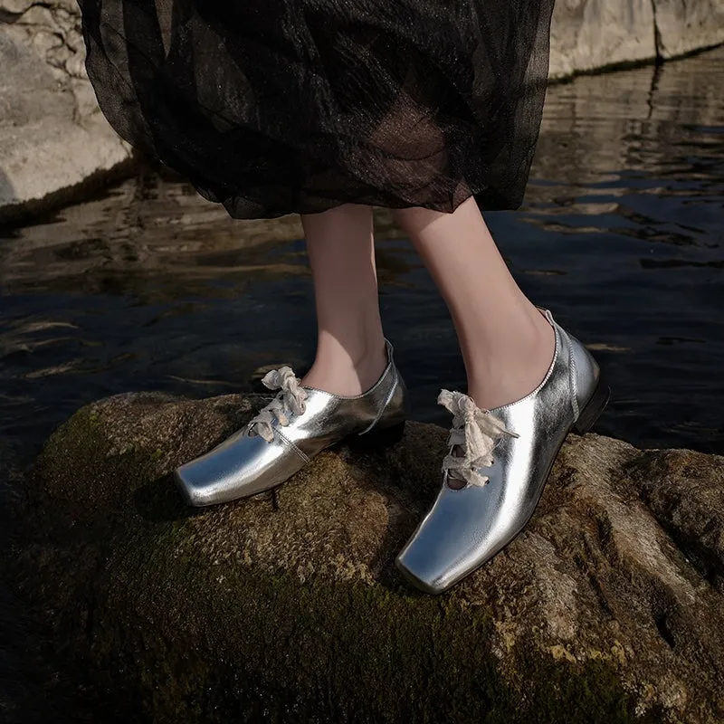 Sheepskin Mary Jane Ballet Flats with Lace up Square Toe in Black/Silver/Brown